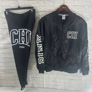 PINK Victoria's Secret Black Satin Bomber Jacket With Matching Leggings